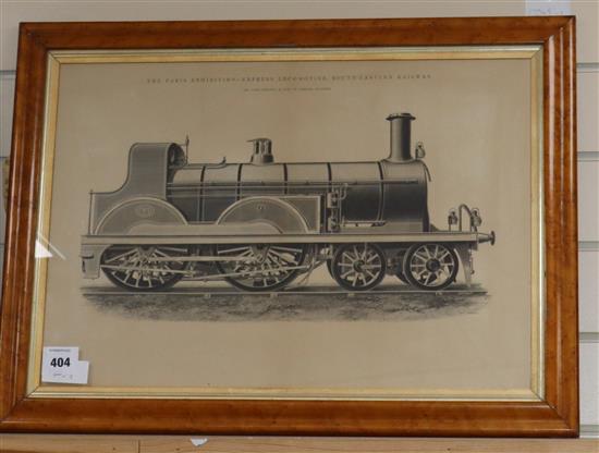 John Swain, engraving, Express Locomotive, South Eastern Railway, 37 x 53cm, maple framed